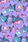 Seamless pattern. Large and small unicorns. Lilac background.