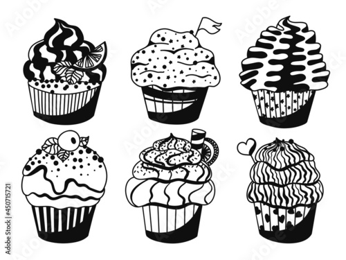Black and white muffins set with different decoration: cream, topping, berries, citrus, candle. Collection of cute hand drawn desserts. Vector illustration on white background.