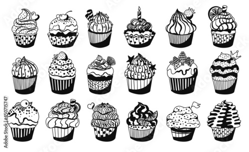Black and white muffins set with different decoration: cream, topping, berries, citrus, candle. Collection of cute hand drawn desserts. Vector illustration on white background.