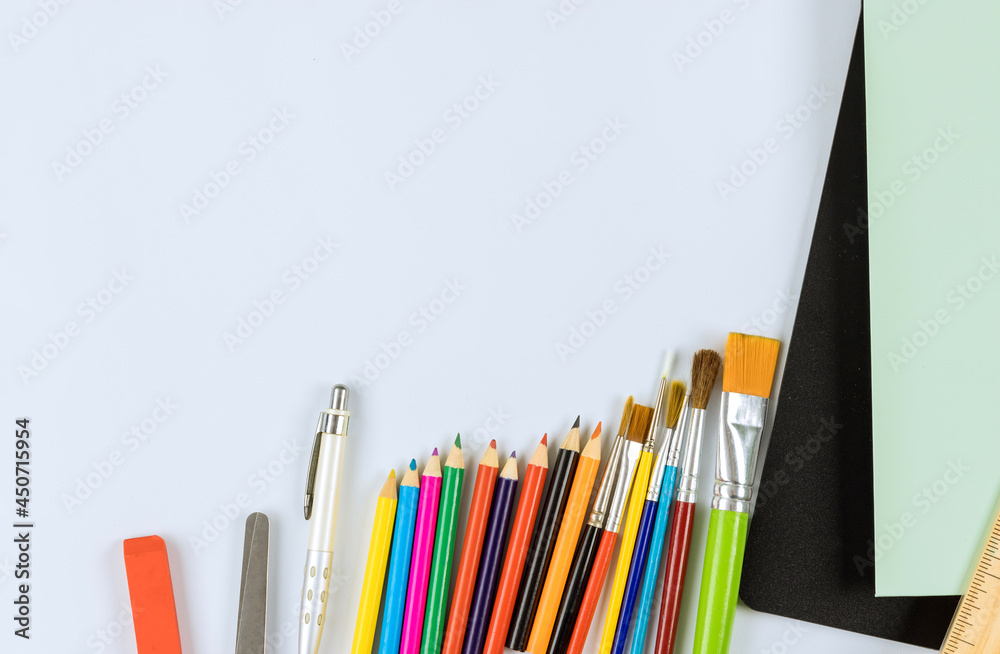 Fototapeta premium Top view on student material group art of various school supplies