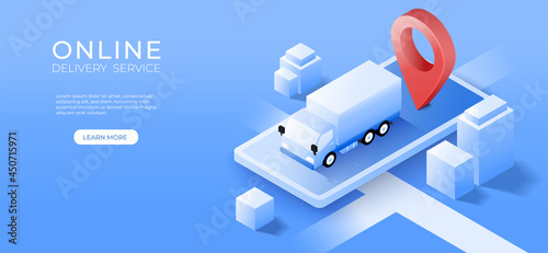 Mobile application online delivery service with 3D navigator and mobile isometric. Pin location checking city map background. Vector art illustration