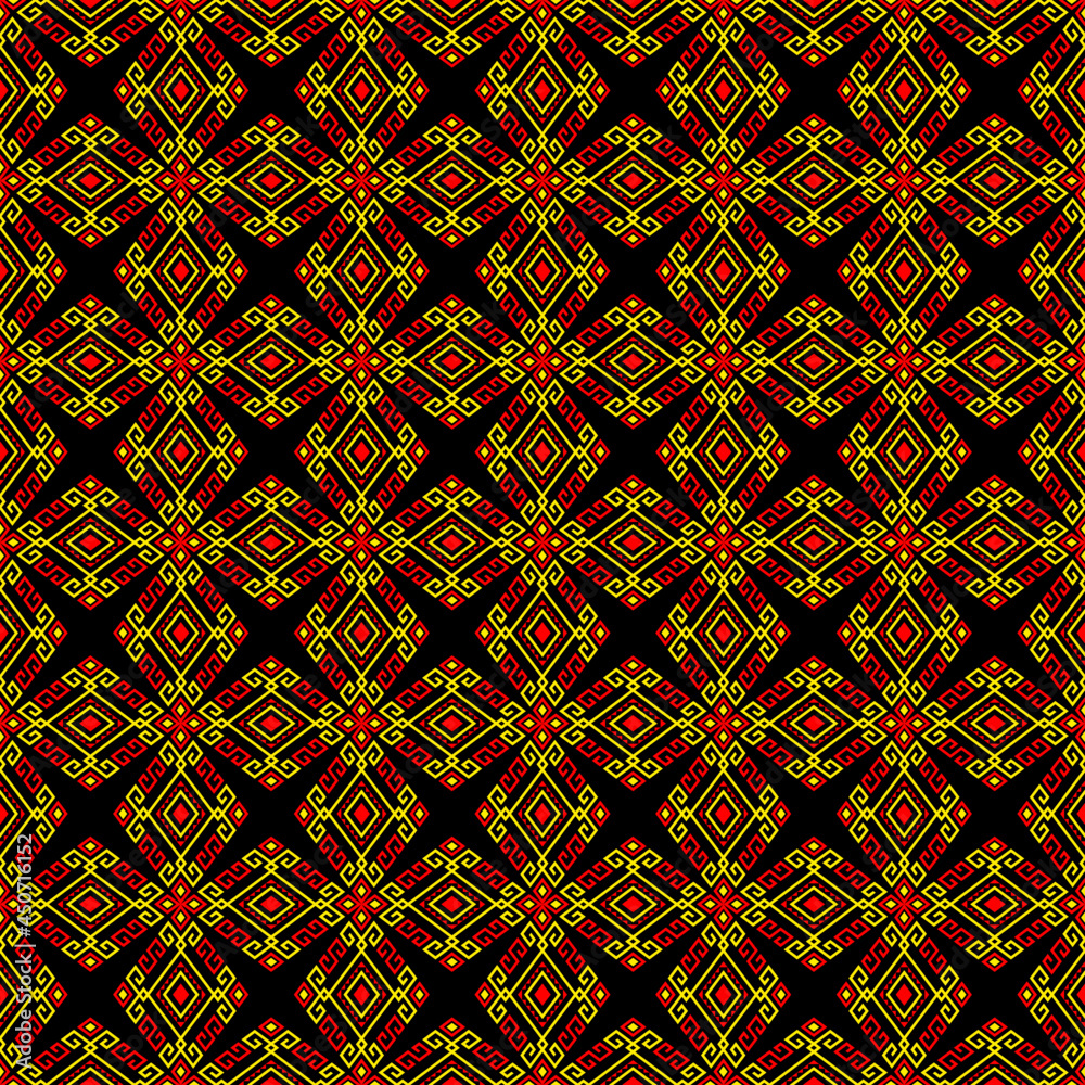 Yellow Red Tribal or Native Seamless Pattern on Black Background in Symmetry Rhombus Geometric Bohemian Style for Clothing or Apparel,Embroidery,Fabric,Package Design