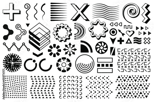 Vector memphis set, group of modern geometric shapes. Collection of black flat forms and figures.
