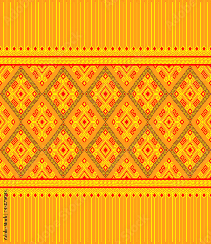 Yellow Red Ethnic or Tribal Seamless Pattern on Yellow Background in Symmetry Rhombus Geometric Bohemian Style for Clothing or Apparel,Embroidery,Fabric,Package Design
