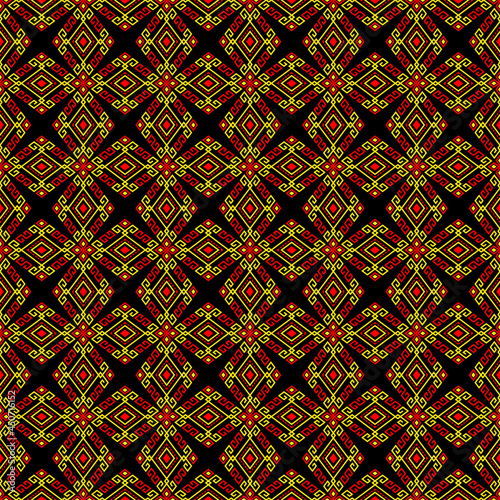 Yellow Red Tribal or Native Seamless Pattern on Black Background in Symmetry Rhombus Geometric Bohemian Style for Clothing or Apparel Embroidery Fabric Package Design