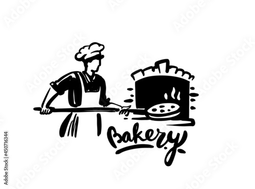 Chef putting pizza and cook to stone furnace. 
