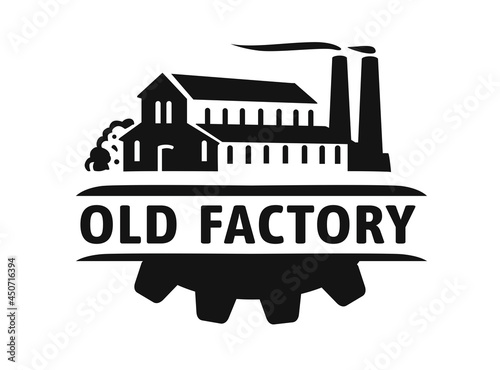 Old factory vector black logo. Industrial manufacturing building