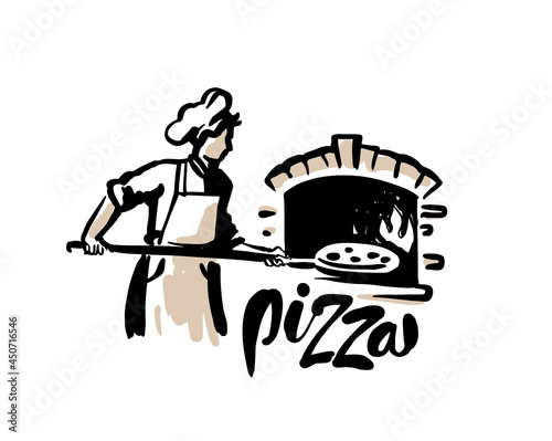 Chef putting pizza and cook to stone furnace. 