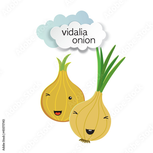 Two cute onions and paper-cut clouds. Template for poster, postcard, packaging.