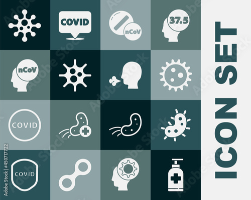 Set Bottle of liquid antibacterial soap, Virus, Medicine pill or tablet, Corona virus 2019-nCoV, and Man coughing icon. Vector
