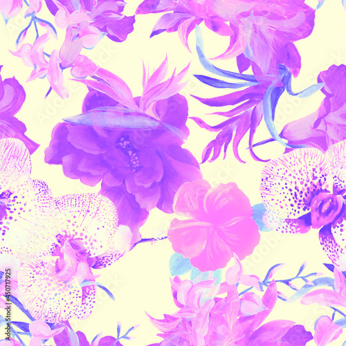 Wallpaper Mural Coral Flower Leaves. Vanilla Summer Print. Purple Seamless Foliage. Watercolor Palm. Pattern Foliage. Floral Palm. Exotic Plant. Botanical Painting. Torontodigital.ca
