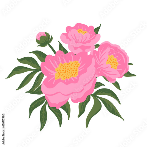 Flower composition. Pink peonies with green leaves. Vector romantic garden illustration. Botanical collection for wedding invitation, patterns, wallpapers, fabric, wrapping