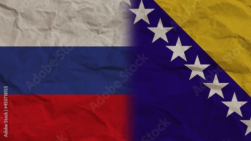 Bosnia and Herzegovina and Russia Flags Together, Crumpled Paper Effect Background 3D Illustration