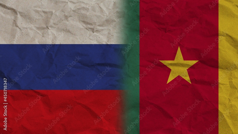 Cameroon and Russia Flags Together, Crumpled Paper Effect Background 3D Illustration