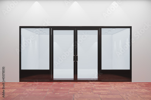 Front view of an empty storefront of shop. Design with black aluminuin and glass red floor. 3D Illustration Rendering. photo