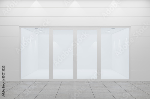 Front view of an empty storefront of shop. Design with white aluminuin and glass. 3D Illustration Rendering.