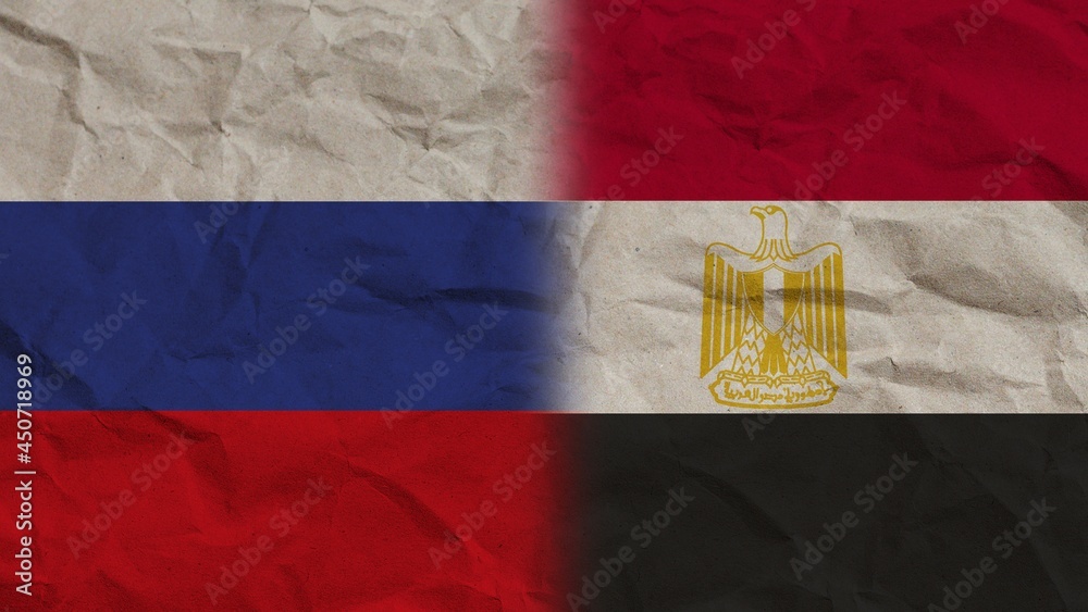 Egypt and Russia Flags Together, Crumpled Paper Effect Background 3D Illustration