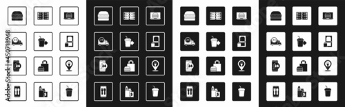 Set Online ordering burger delivery, Coffee cup to go, Fast by car, Burger, and, Restaurant cafe menu, Cafe restaurant location and Food icon. Vector