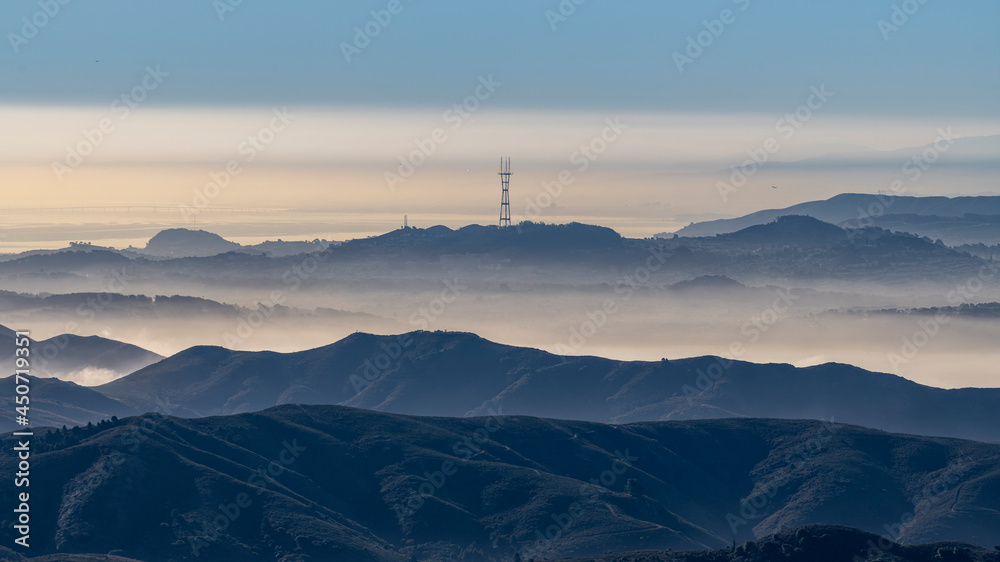 Sutro Tower seen from Mt Tamalpais on a lite foggy morning