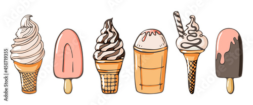 Set of ice cream icons vector doodle illustration. Kids collection of sunblind and popsicle in cone isolated on white background. Vector illustration