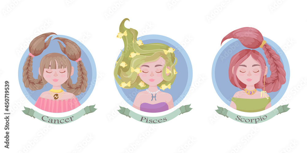Zodiac sign as a beautiful girl with lush hair. Set of bright signs of the zodiac. Horoscope. Astronomy. Vector illustration isolated on white background.