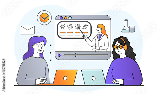 Smiling female character are studying online together on laptops. Students looking on computer screen making notes. Concept of students studying remotely at home. Flat cartoon vector illustration