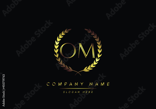 Alphabet letters OM monogram logo, gold color, luxury style