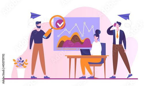 Male and female characters are attending business meeting in office. Concept of team meeting and teamwork, discussion of the project, prioritization of tasks. Flat cartoon vector illustration