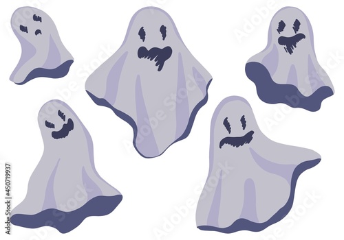 Collection of pretty ghosts. Hand drawn cartoon vector illustrations set. Colored flat cliparts isolated on white. Elements for halloween design, prints, decoration, cards, stickers, wrap.
