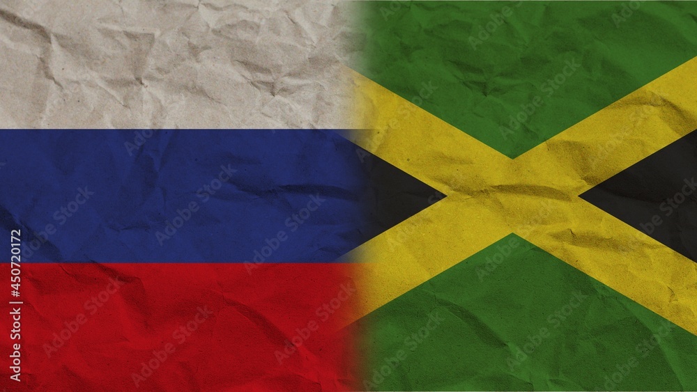 Jamaica and Russia Flags Together, Crumpled Paper Effect Background 3D Illustration