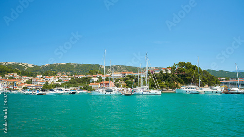 View of the port of the island of Rab with the town of the same name on the Adriatic Sea in Croatia