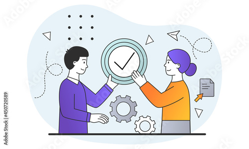 Young male and female characters are holding completed task icon together in hands. Concept of business conection and understanding at workplace. Business metaphor. Flat cartoon vector illustration