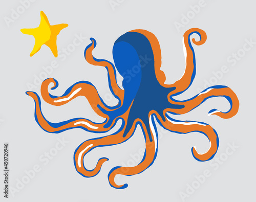Cute cartoon, octopus drawing, octopus character vector illustration. Emoji