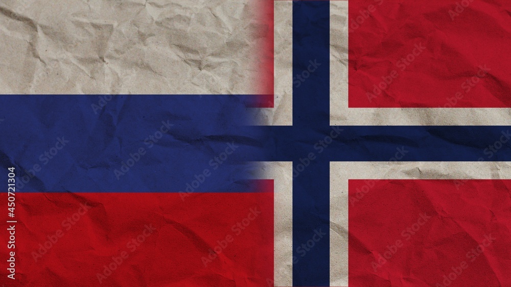 Fototapeta premium Norway and Russia Flags Together, Crumpled Paper Effect Background 3D Illustration