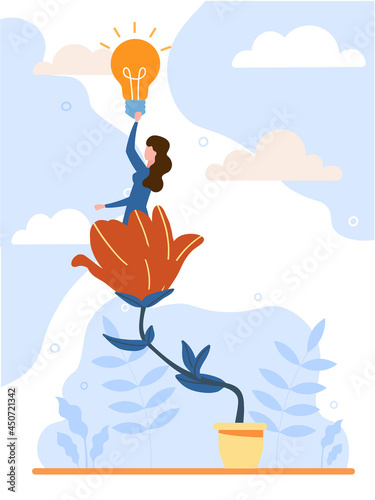 Happy female character is sitting on the flower and holding lightbulb. Smiling girl cares about herself and her future. Concept of self love and a healthy lifestyle. Flat cartoon vector illustration