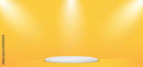 Elegant orange background studio wit podium and lightning