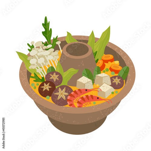 Taiwanese traditional holiday food. Reunion dinner. Seafood, mushrooms and broth. Delicious hot pot for celebration. Happy Chinese New Year. Vector food illustration in flat style