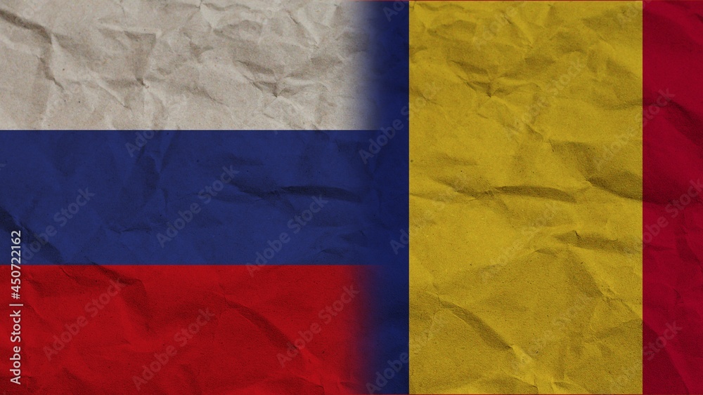 Romania and Russia Flags Together, Crumpled Paper Effect Background 3D Illustration