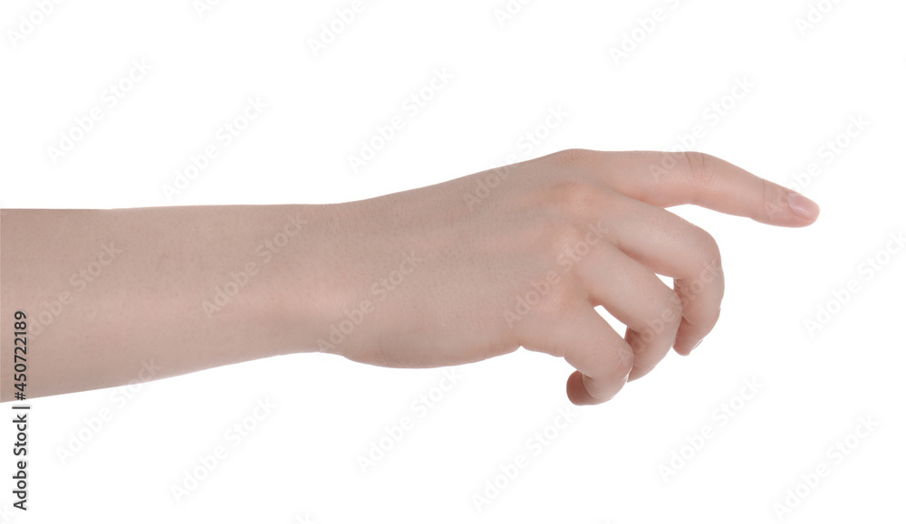 Woman against white background, closeup of hand