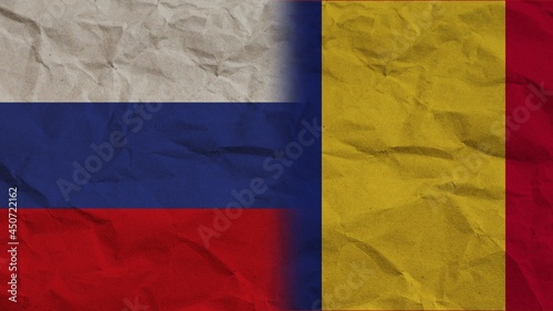 Romania and Russia Flags Together, Crumpled Paper Effect Background 3D Illustration