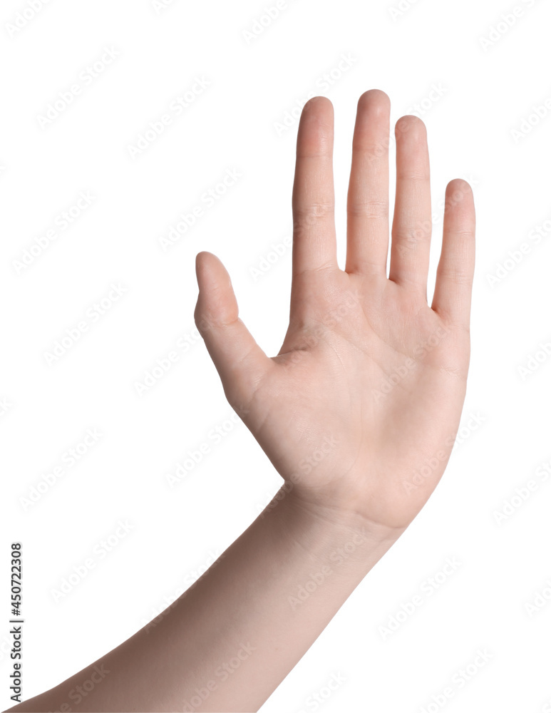 Woman against white background, closeup of hand Woman against white background, closeup of hand