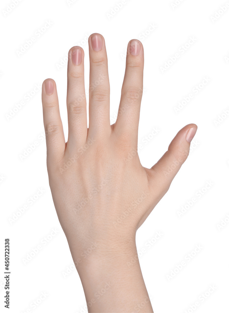 Woman against white background, closeup of hand Woman against white background, closeup of hand