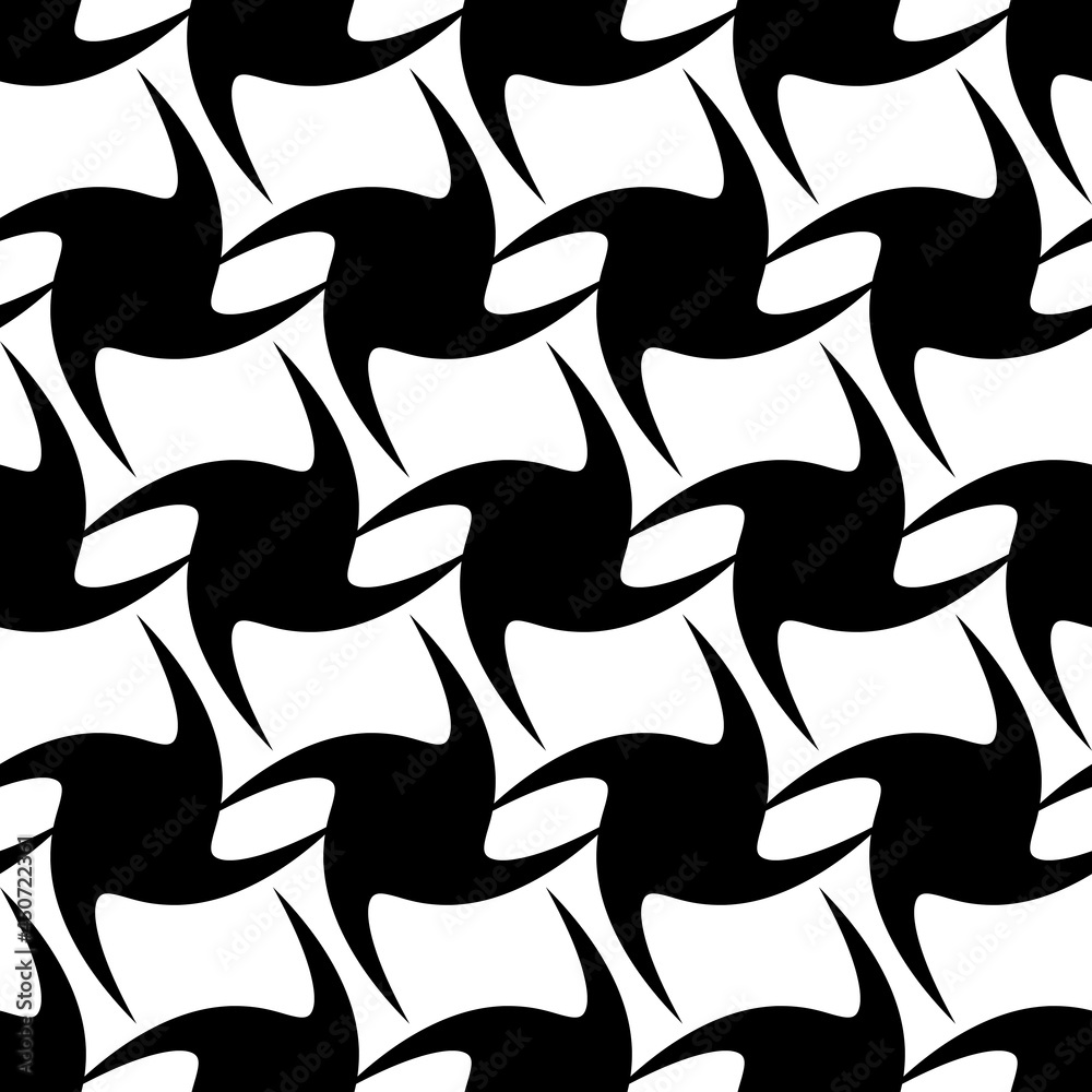 Repeated shurikens pattern. Vector black swirling figure.