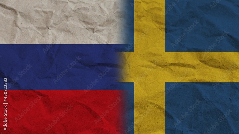 Fototapeta premium Sweden and Russia Flags Together, Crumpled Paper Effect Background 3D Illustration