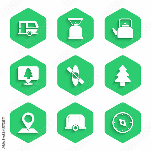 Set Kayak or canoe, Rv Camping trailer, Compass, Forest, Location, of the forest, Kettle with handle and icon. Vector