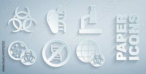 Set Stop GMO, Microscope, Genetically modified apple and Biohazard symbol icon. Vector