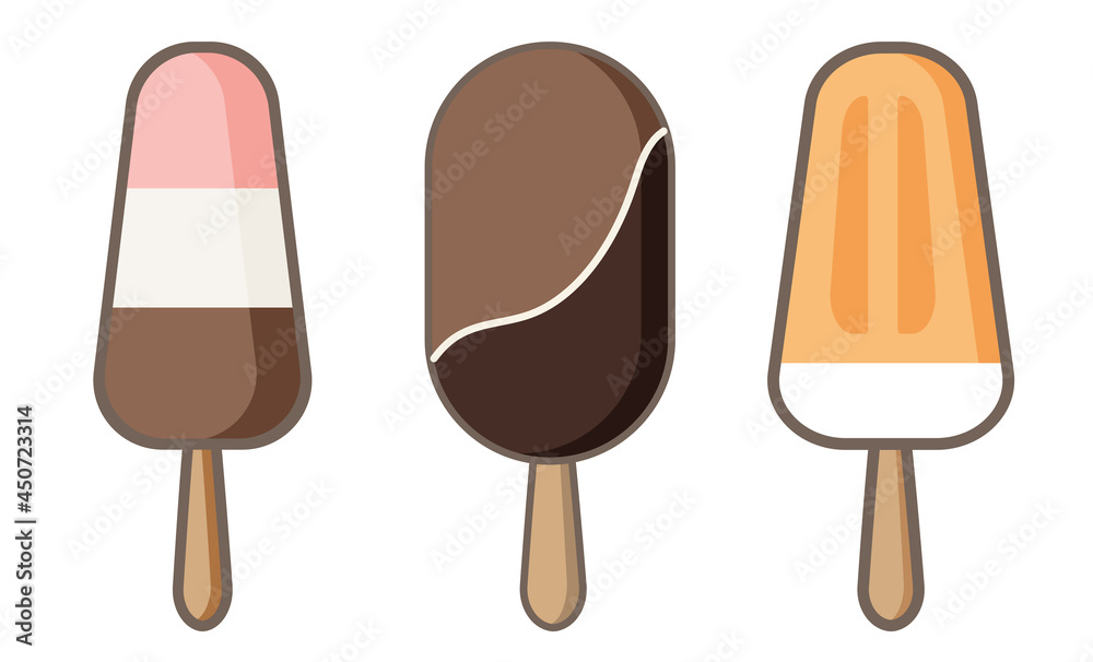 Set of ice cream icons vector doodle illustration. Kids collection of banana, chocolate and strawberry sunblind and popsicle in cone isolated on white background Set of ice cream icons vector doodle illustration. Kids collection of banana, chocolate and strawberry sunblind and popsicle in cone isolated on white background