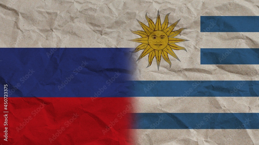Obraz premium Uruguay and Russia Flags Together, Crumpled Paper Effect Background 3D Illustration