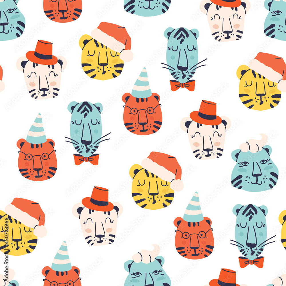 Seamless pattern with cartoon cute tiger cubs. Colored repeating pattern for design.
