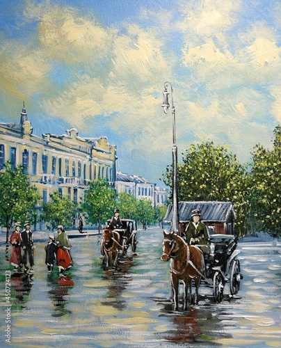 Oil paintings landscape, old city, street in city. Fine art